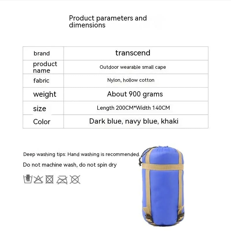 Grey adult outdoor cloak sleeping bag convertible to wearable camping cape with nylon fabric
