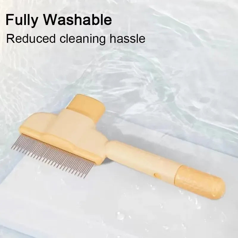 Green and yellow handheld dog grooming brush with one-click hair removal function.