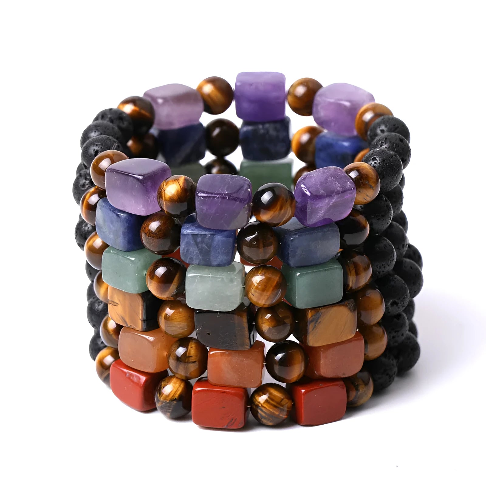 Square amethyst and volcanic stone geometric bracelet with handmade 8mm beads in five colour options