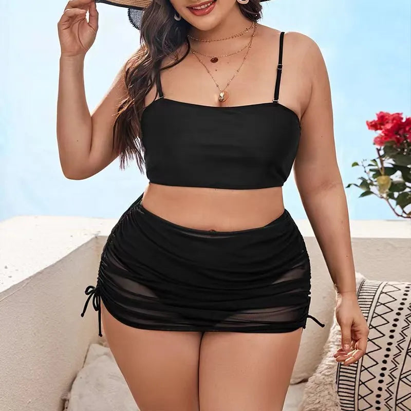 Women's solid colour mesh bikini three-piece set showing top, underwear, and apron on a mannequin.