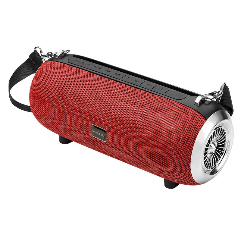 F666 portable Bluetooth speaker with fabric mesh finish, shoulder strap, and display showing FM radio frequency.