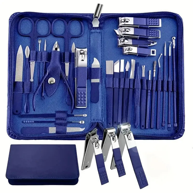 30-piece stainless steel nail beauty tool set showing various manicure and pedicure tools