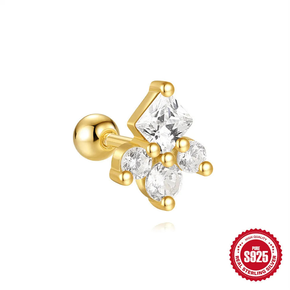 S925 sterling silver flower stud earrings with square gravel setting in golden electroplated finish