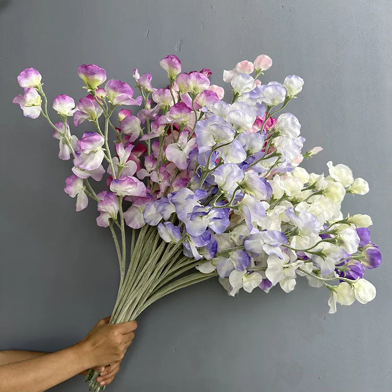 Purple flocking fragrant pea fake flower 63cm artificial silk stem on white background