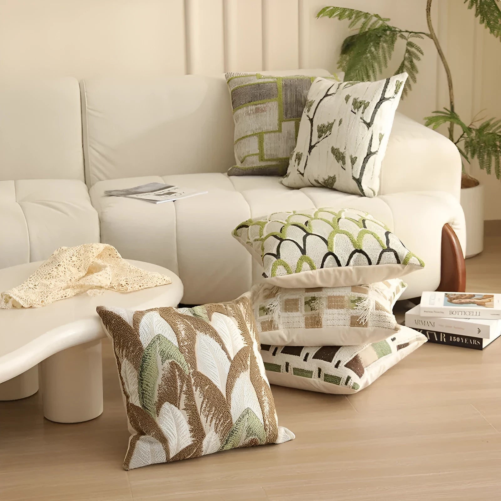 Close-up of a beige and green floral Jacquard woven cushion cover with textured pattern, 45cm square.