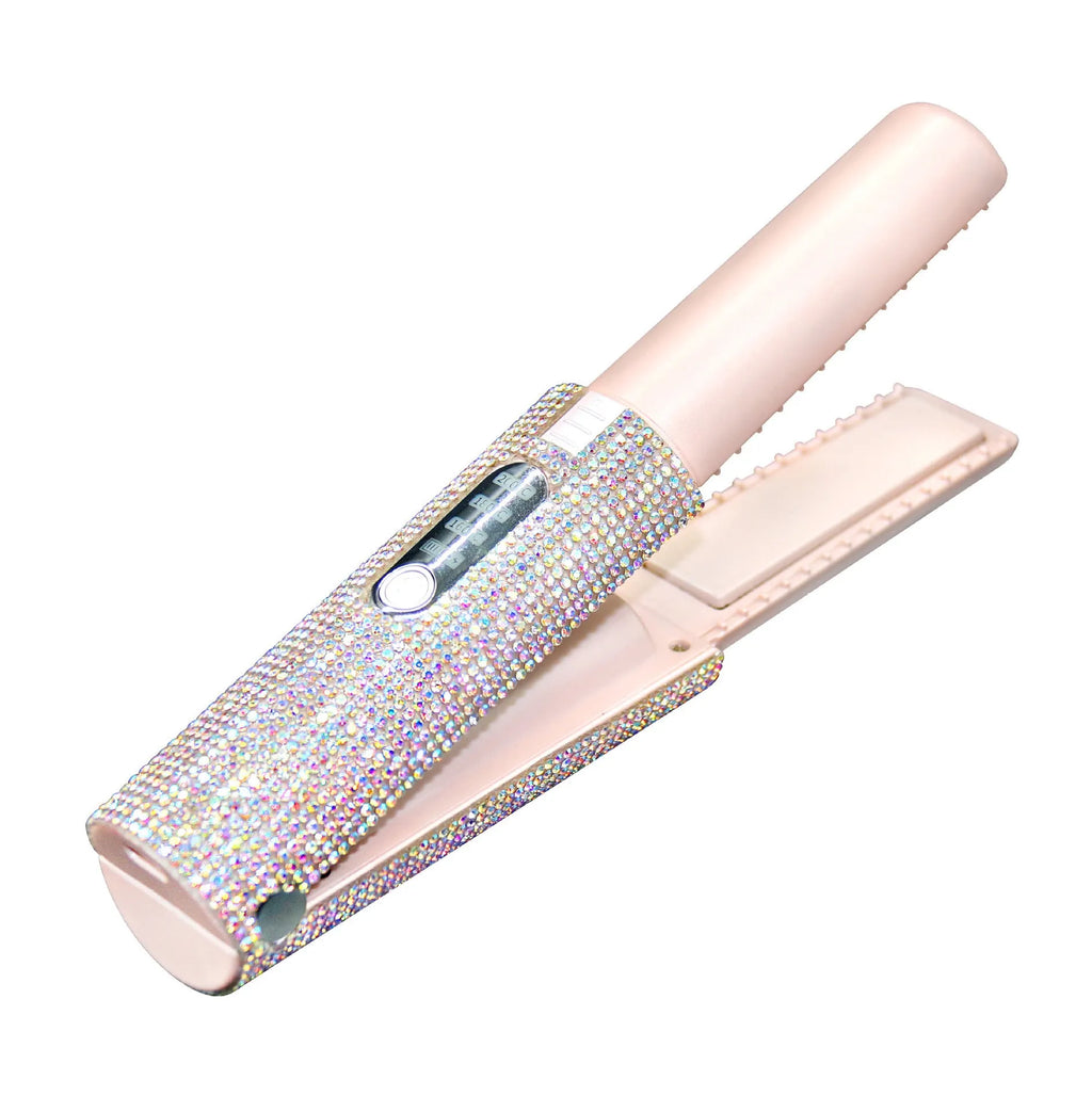 Rechargeable portable USB hair straightener in black, wireless lithium battery model for styling hair on the go.