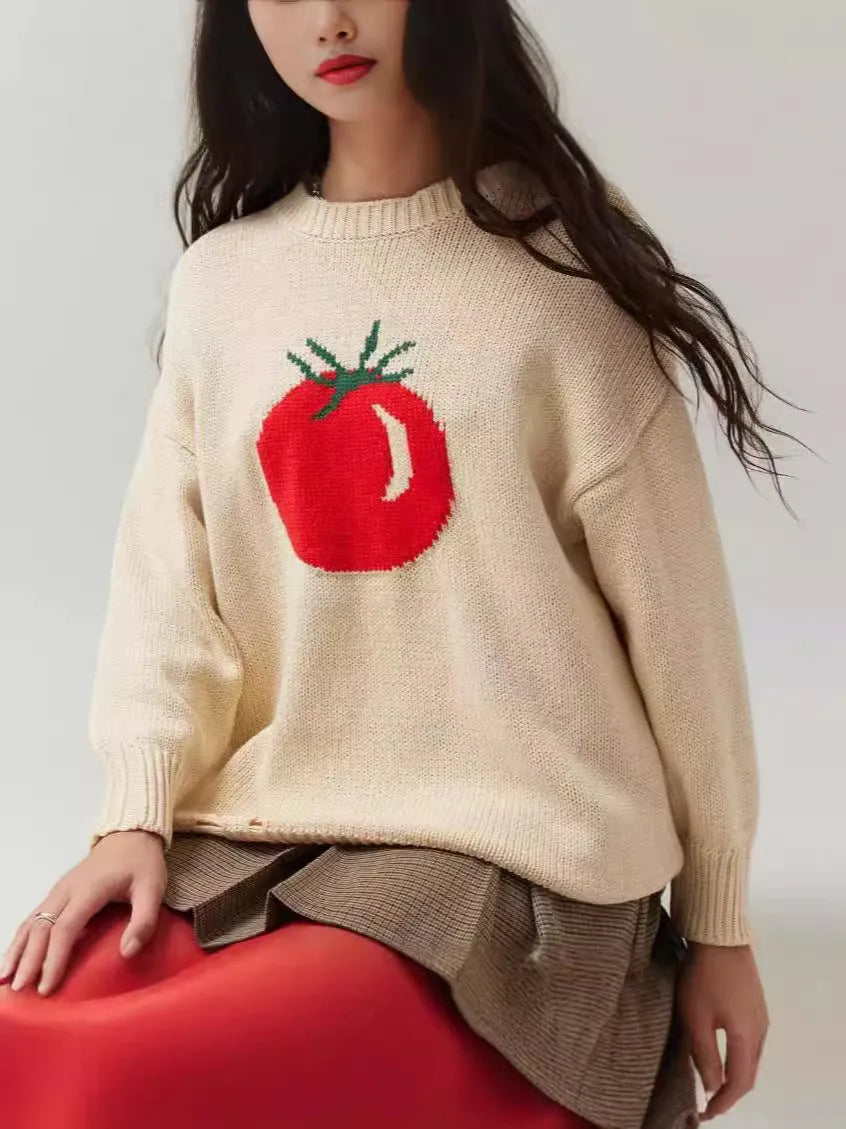Women's milky white round neck acrylic sweater with jacquard texture, loose fit, long sleeves