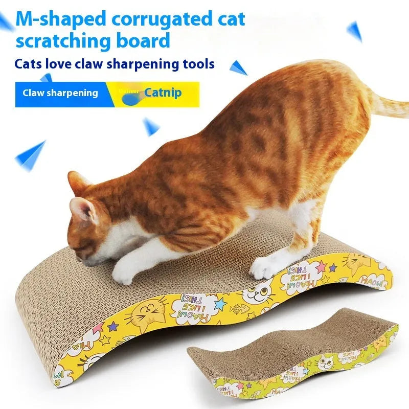 Leather-trimmed cat scratch board with corrugated paper surface in a bone shape style.
