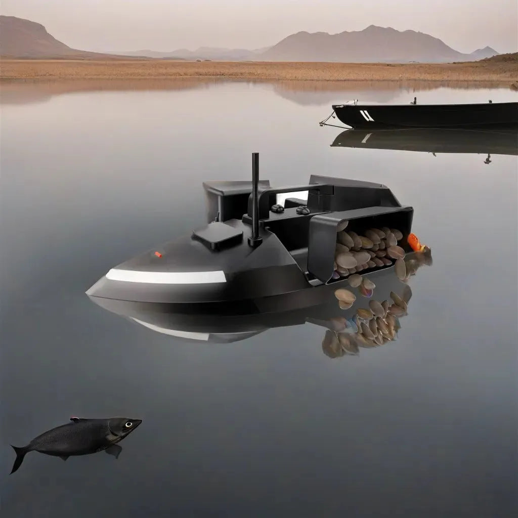 Black and luminous yellow remote control GPS fishing boat with LED light on calm water.