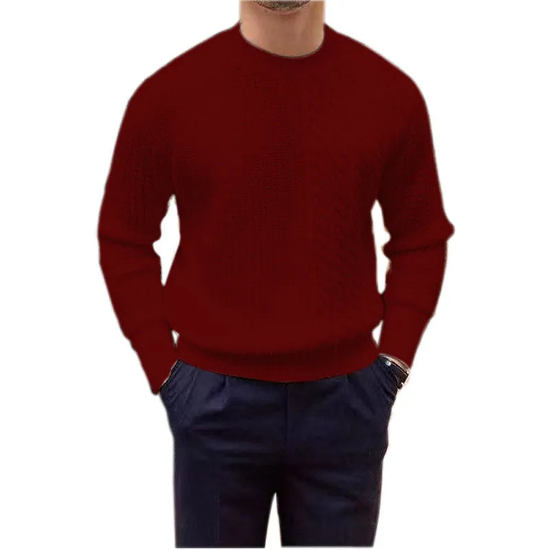 Men's coarse yarn knitted pullover sweater with twisted string design, available in white, black, wine red, khaki, green, and pink.