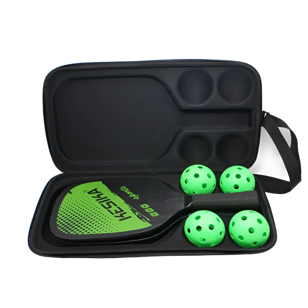 Black EVA pickleball storage bag with shoulder straps, shown holding a paddle and balls.