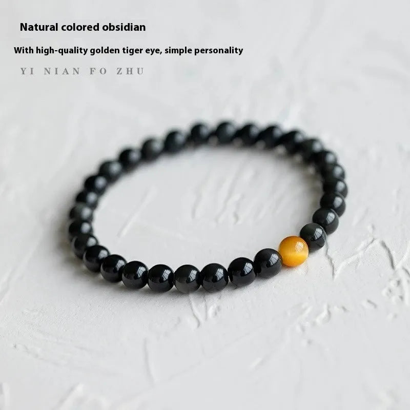 Black obsidian stone bracelet with geometric beads in Korean style design