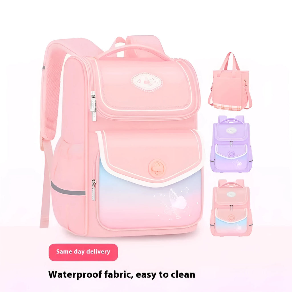 Pink waterproof Oxford cloth school backpack for primary school girls with large capacity.