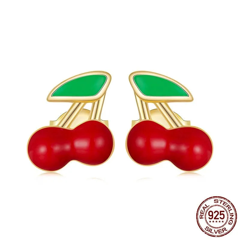 Pair of red small cherry stud earrings in 925 sterling silver with glossy dripping oil finish