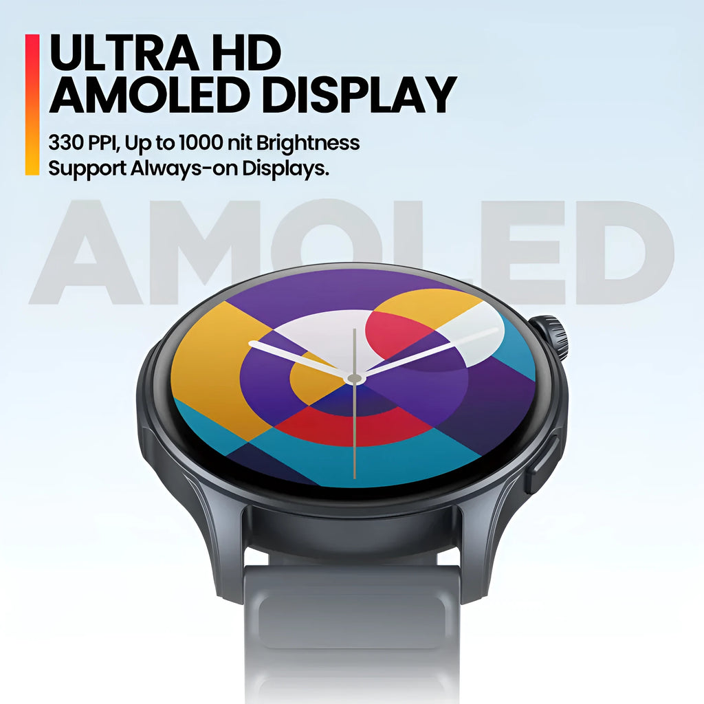 Btalk 3 Pro smart watch with AMOLED display showing health metrics, available in grey, pink and blue colours