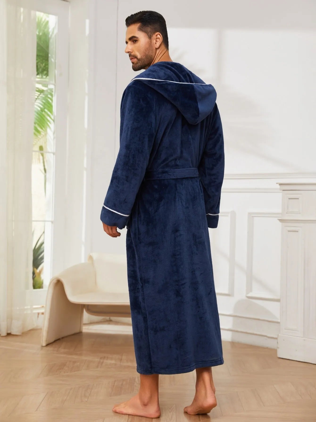 Men's grey flannel bathrobe set with European styling for winter loungewear