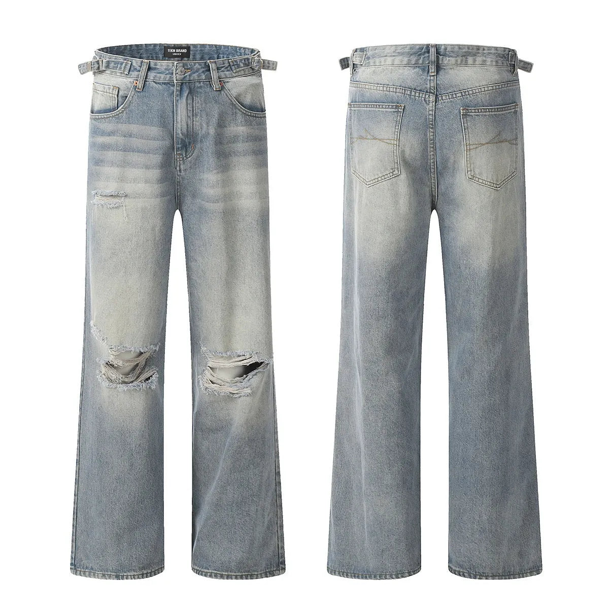 Blue cotton blend men's straight leg jeans with retro ripped detailing, front view, zipper fly, standing pose