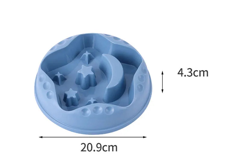 Large pet slow feeder bowl with moon and star obstacles inside, shown in blue colour.