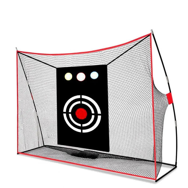 Golf swing wedge training net with straw mat and practice balls set up for chip shot practice