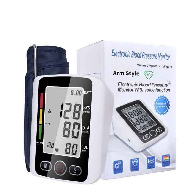Automatic electronic arm blood pressure monitor with large LCD screen and black cuff.