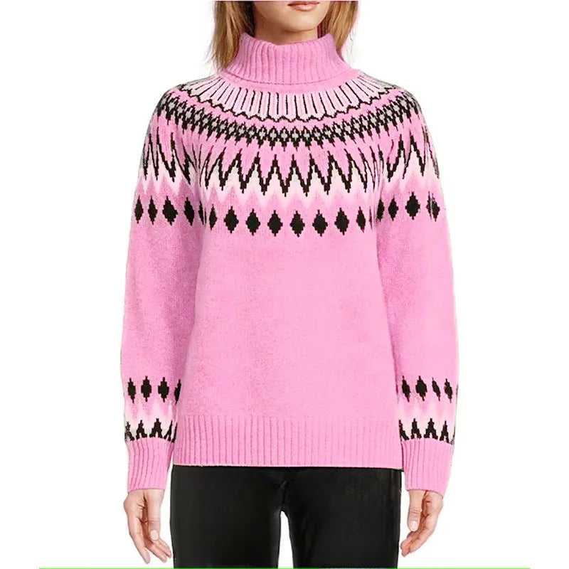 Women's knitted sweater in brown, acetate fibre jacquard pullover with long sleeves, front view
