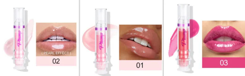 Tube of lip gloss showing shiny finish, available in six different colour shades.