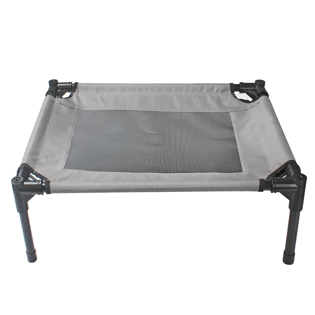 Black oxford cloth outdoor dog bed with steel frame measuring 55cm wide for camping and travel