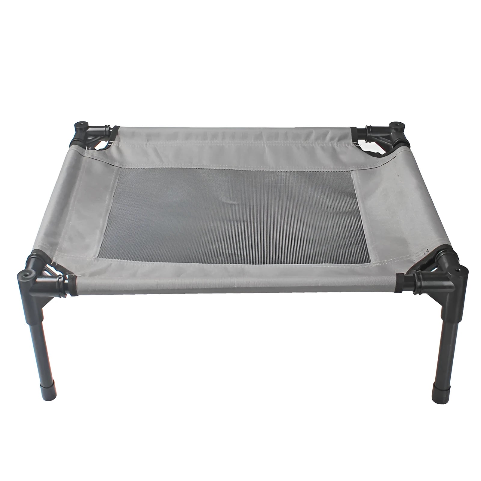 Black oxford cloth outdoor dog bed with steel frame measuring 55cm wide for camping and travel