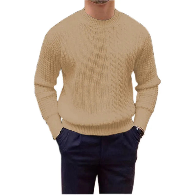 Men's coarse yarn knitted pullover sweater with twisted string design, available in white, black, wine red, khaki, green, and pink.