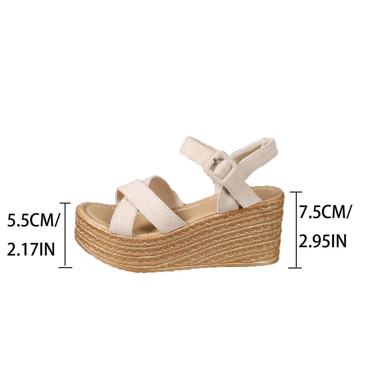Beige women's suede platform wedge sandals with round toe and buckle closure on a light background