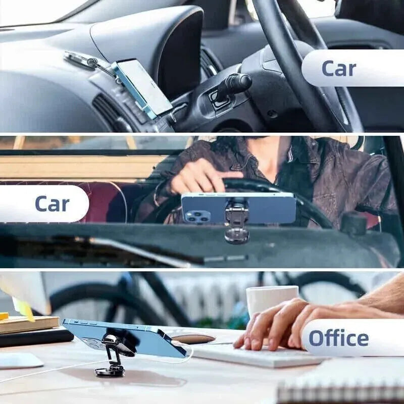 Chrome magnetic car phone holder dashboard mount folded and extended views showing foldable bracket and adhesive base