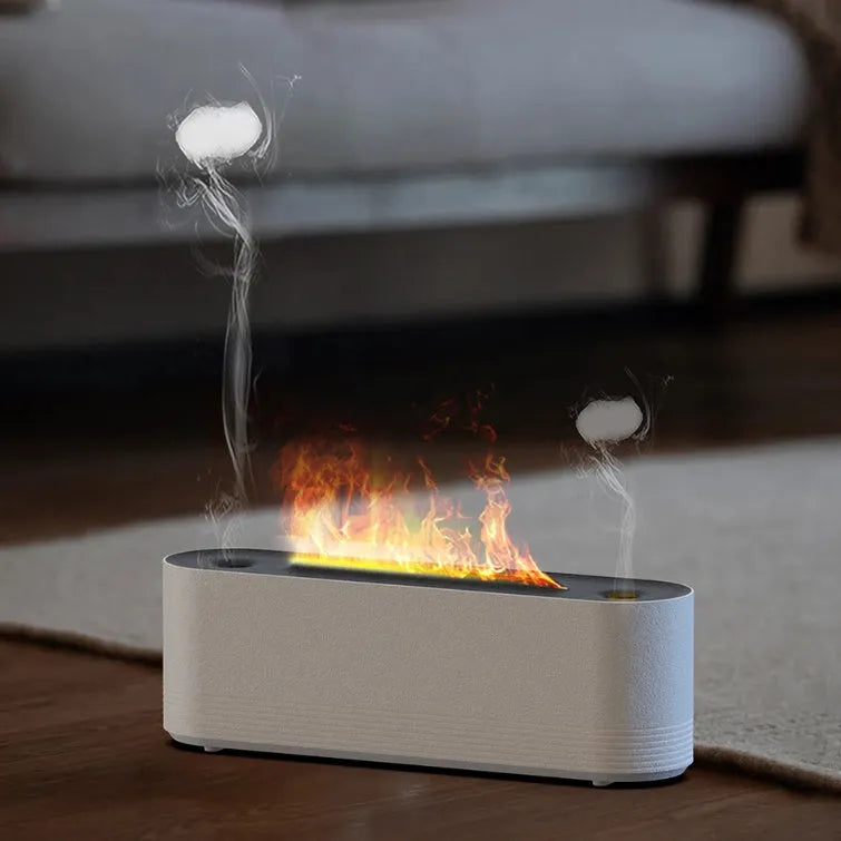 Black Flame Air ultrasonic humidifier with LED lights creating mist and flame effects on wooden surface