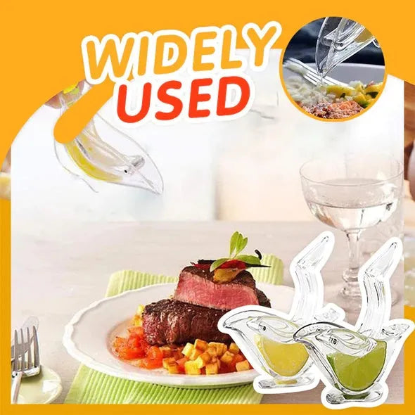 Clear acrylic bird-shaped manual lemon juicer on a kitchen counter