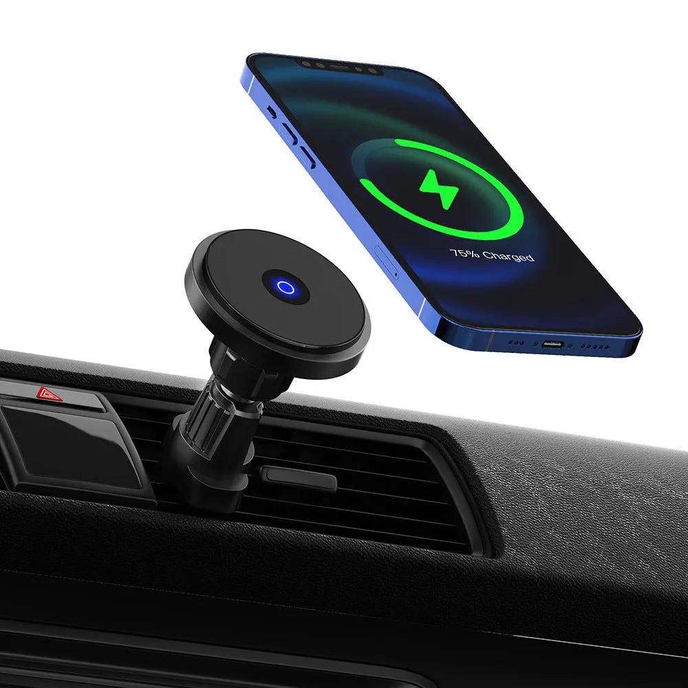 Black 15W magnetic fast charging car wireless charger mounted on a car air vent.