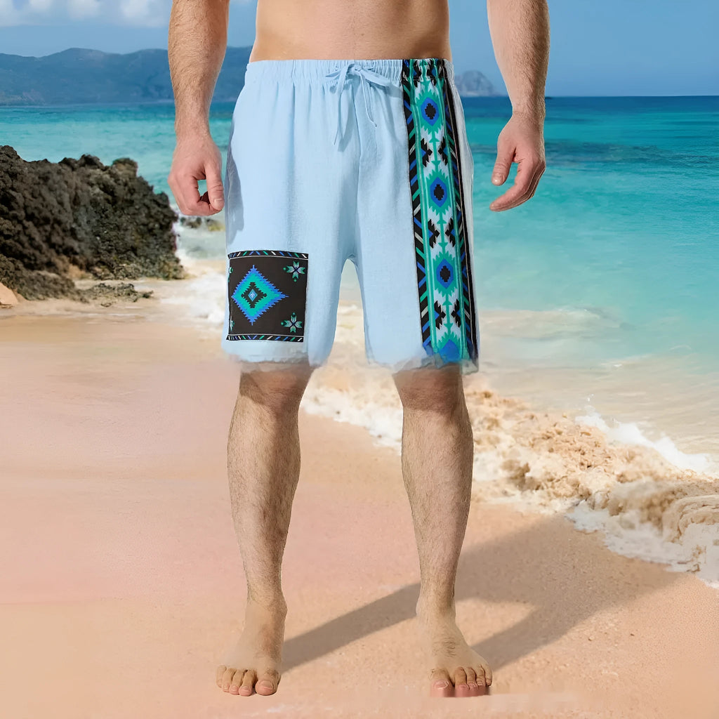 Men's blue digital print casual shorts with colour block pattern and lace-up waist closure