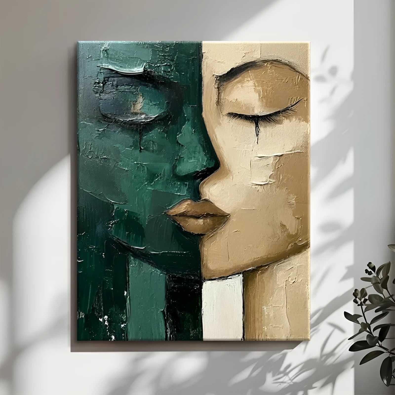 Hand-painted oil painting modern art green and beige abstract face on canvas wall decor for living room