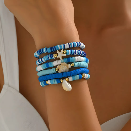 Bohemian blue polymer clay handmade shell bracelet set with geometric beads