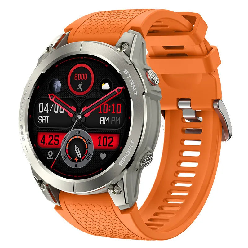 S53 black and orange outdoor GPS sports smart watch with touch screen on silicone strap