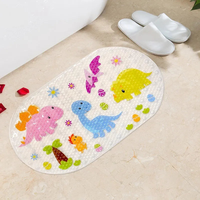 Oval non-slip bathroom mat with cartoon sea turtle and starfish print, 69x38cm, PVC material