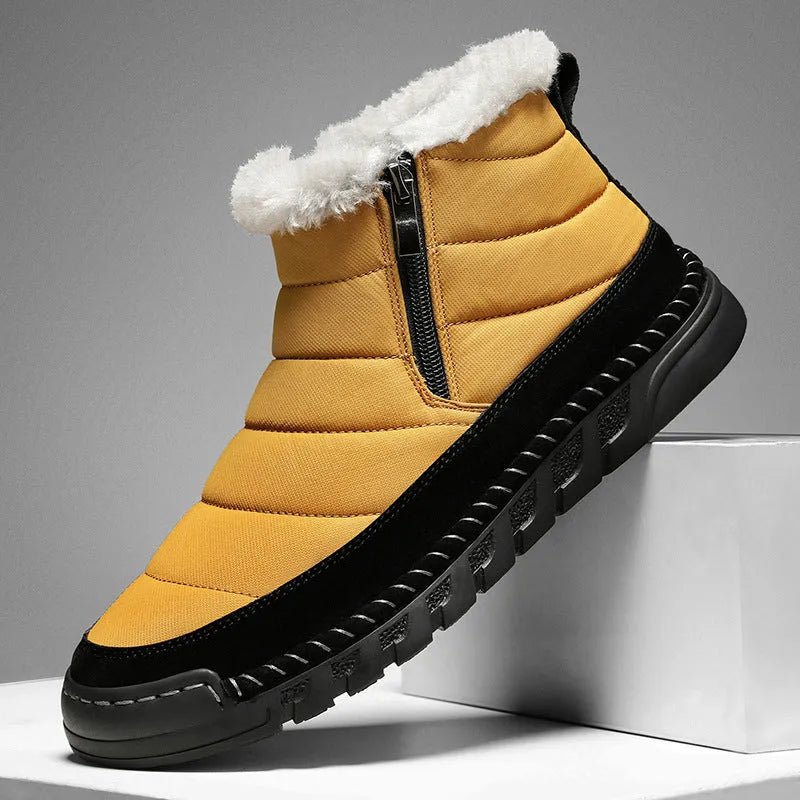 Men's plus size snow boots in black with round toe design and non-slip rubber sole