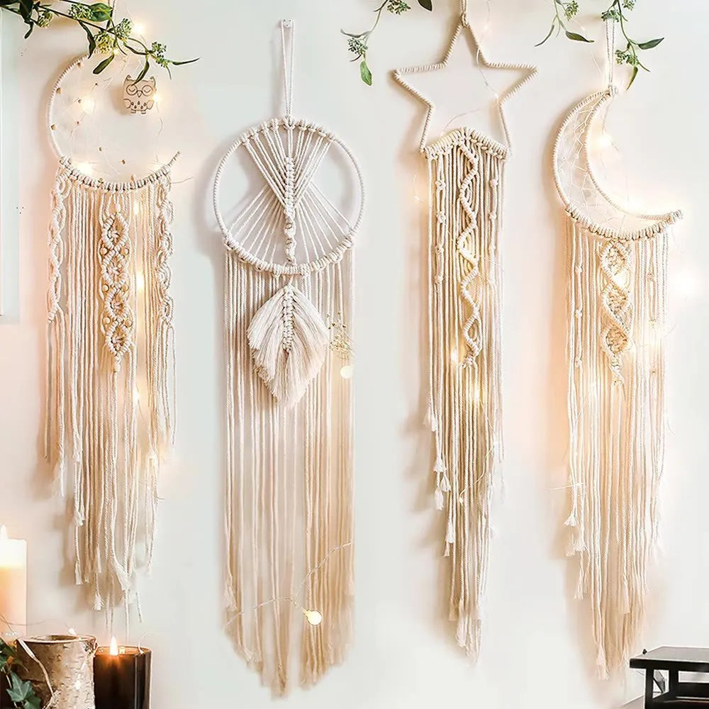 Handmade woven dreamcatcher hanging lamp with star light on bedroom wall, 90cm length, cotton thread