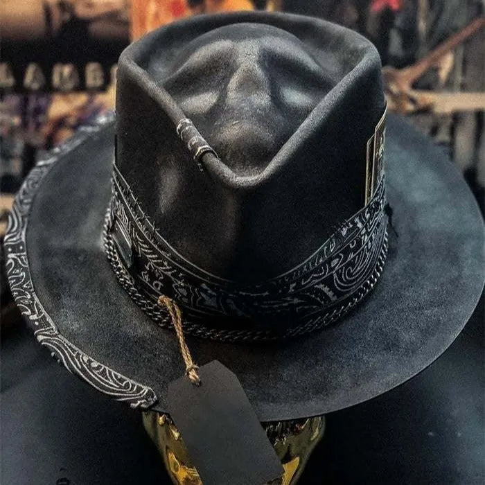 Handmade felt denim wool skull hat with cone crown in skull pattern colour
