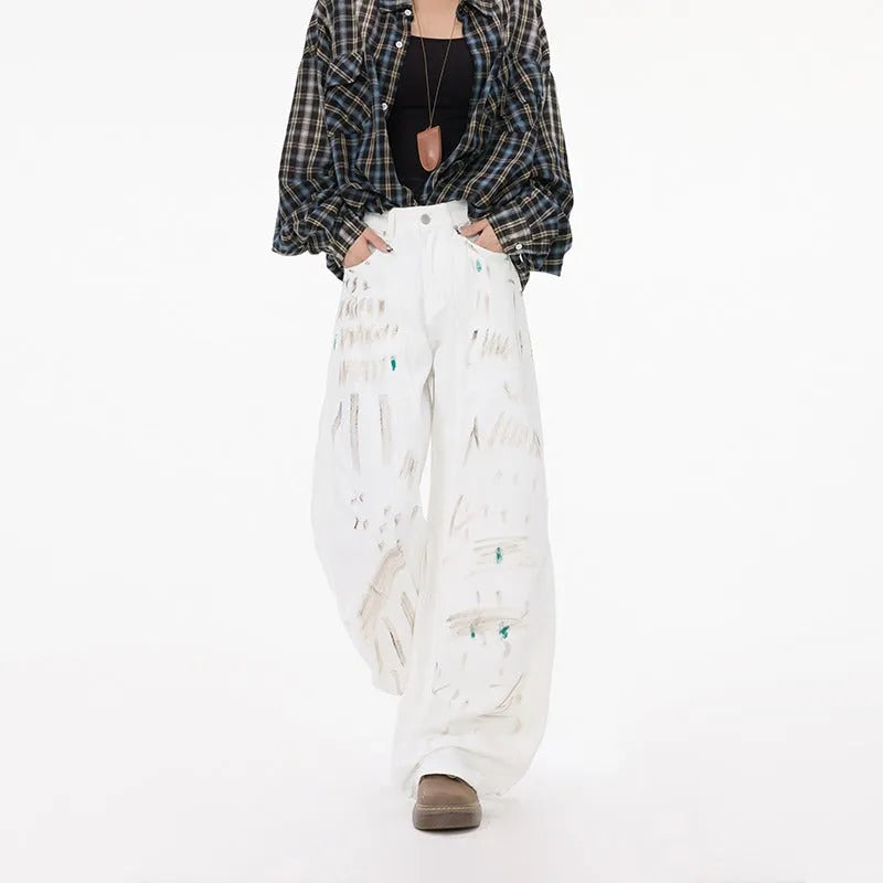 White straight leg jeans with dirty graffiti machete print for women, mid-rise non-stretch denim cotton, front view