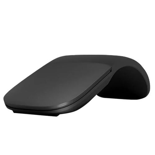 Black folding Bluetooth wireless mouse shown both folded and unfolded beside laptop