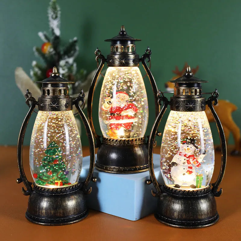 Plastic Christmas oil lamp desktop decoration with glowing crystal ball in snowman and elderly figure styles.
