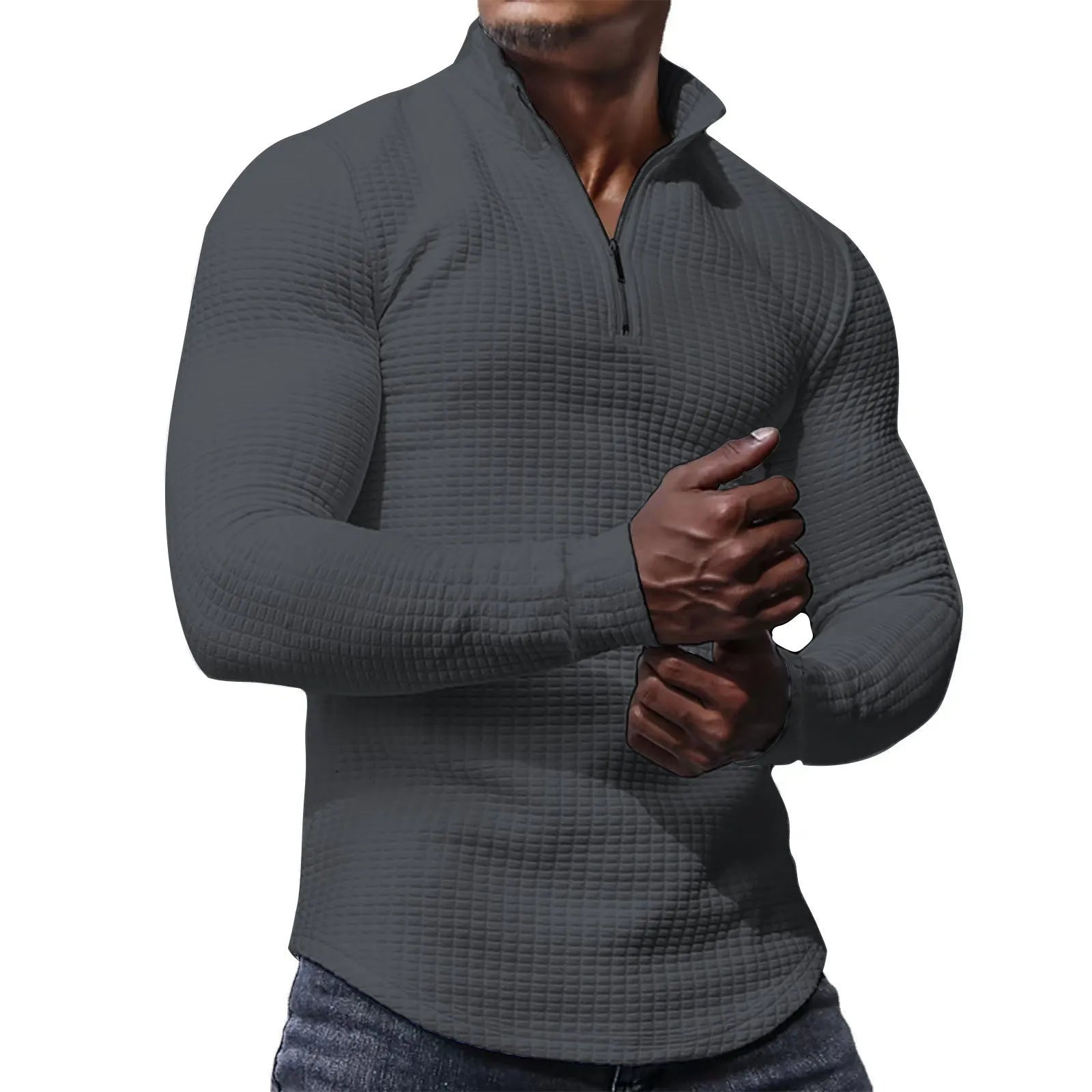 Men's stand collar half zip plaid sweater in polyester, available in multiple colours, front view