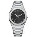 Business casual men's quartz watch with steel belt, black dial, and slim 10mm case