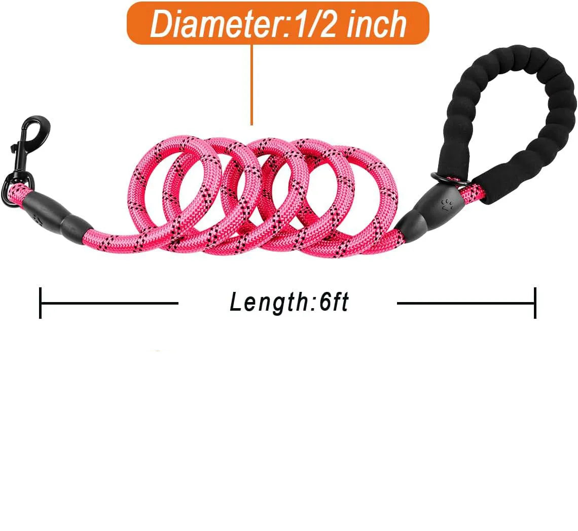Heavy duty 5 FT nylon dog leash with padded handle and reflective threads in pink for large dogs