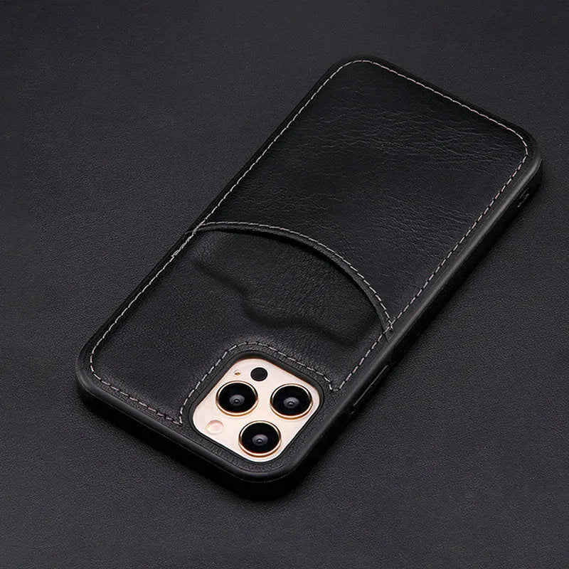 Dark blue PU leather protective case for various iPhone models on a table
