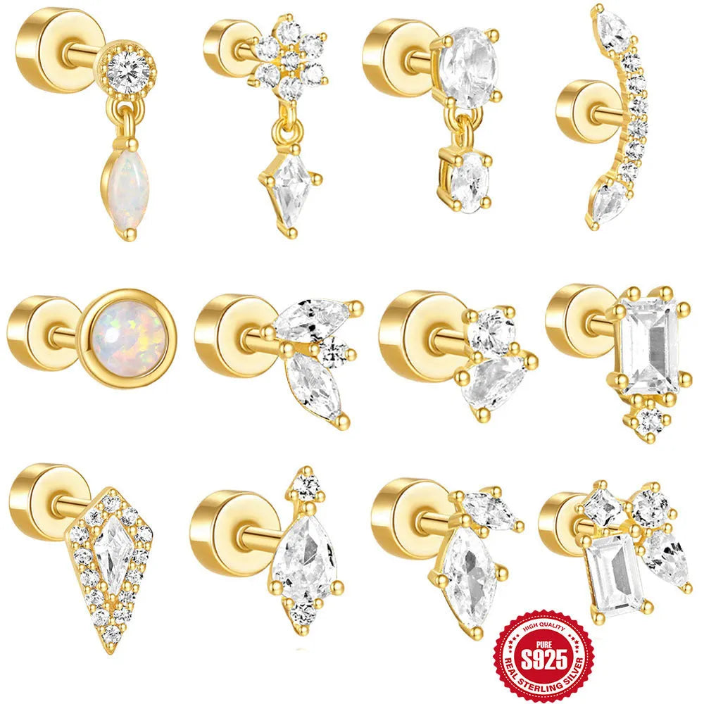 S925 sterling silver flat column geometric ear bone stud with gold electroplated finish
